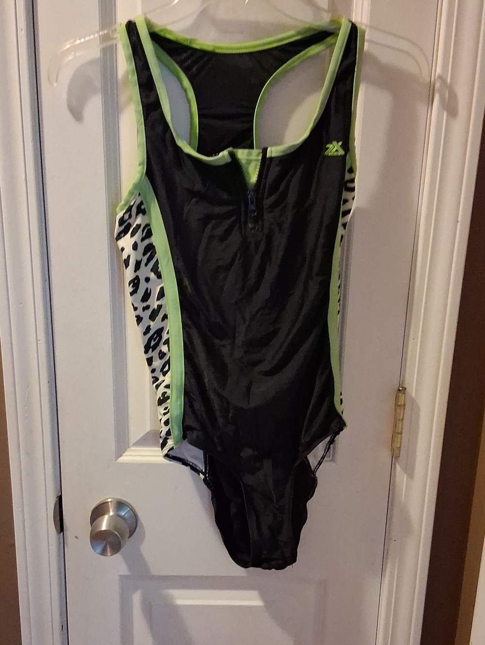 ZeroXposur Black One-Piece Swimsuit with Lime Trim and White Leopard Panels